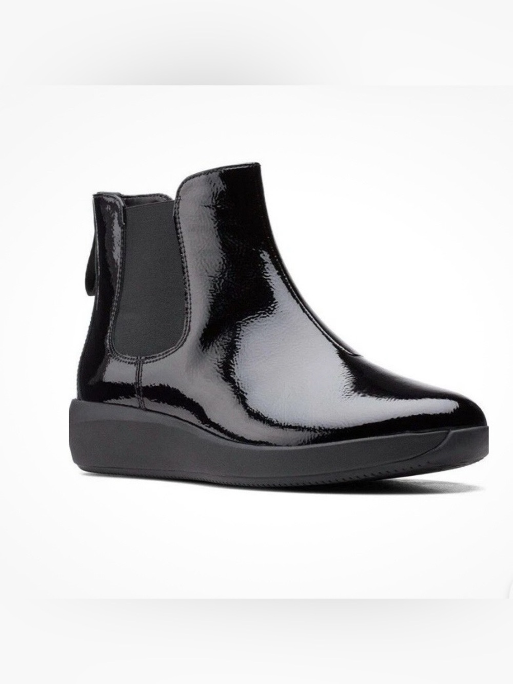 CLARKS Unstructured Tawnia Mid Pull On Chelsea Ankle Boot Black Patent Size 9
